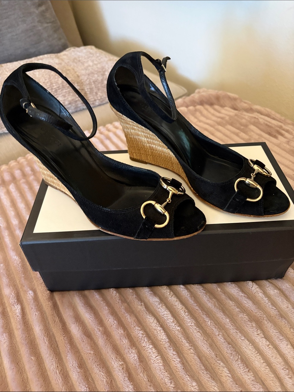 Gucci Black Suede Peep-Toe Espadrille Wedges with Gold Hardware